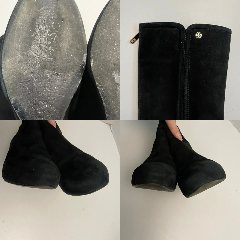 Tory Burch Boots Irene Wedge Tall Softy Suede Leather Logo Black
